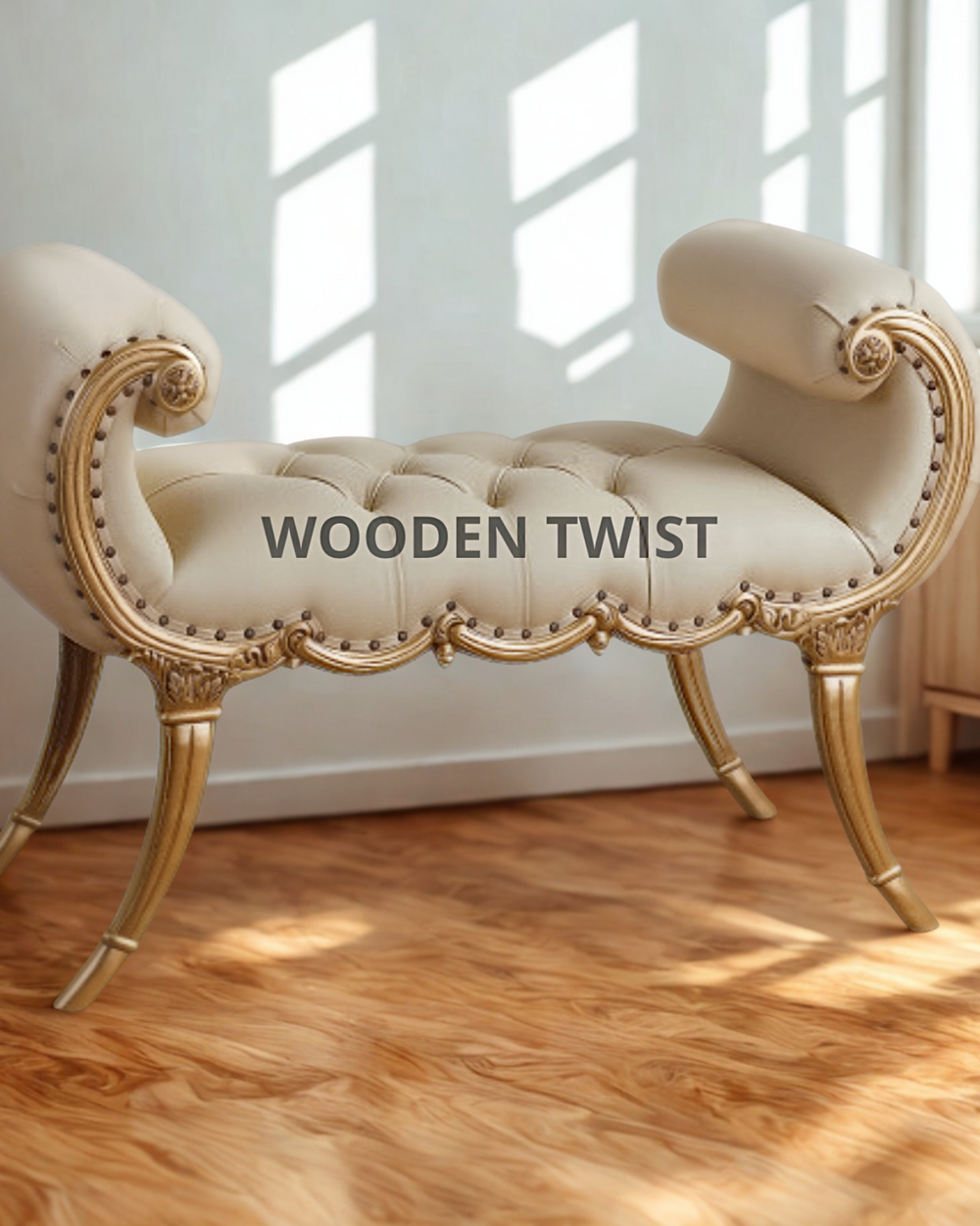 Montérno Sheesham Wood Bench Couch ( Golden Finish )
