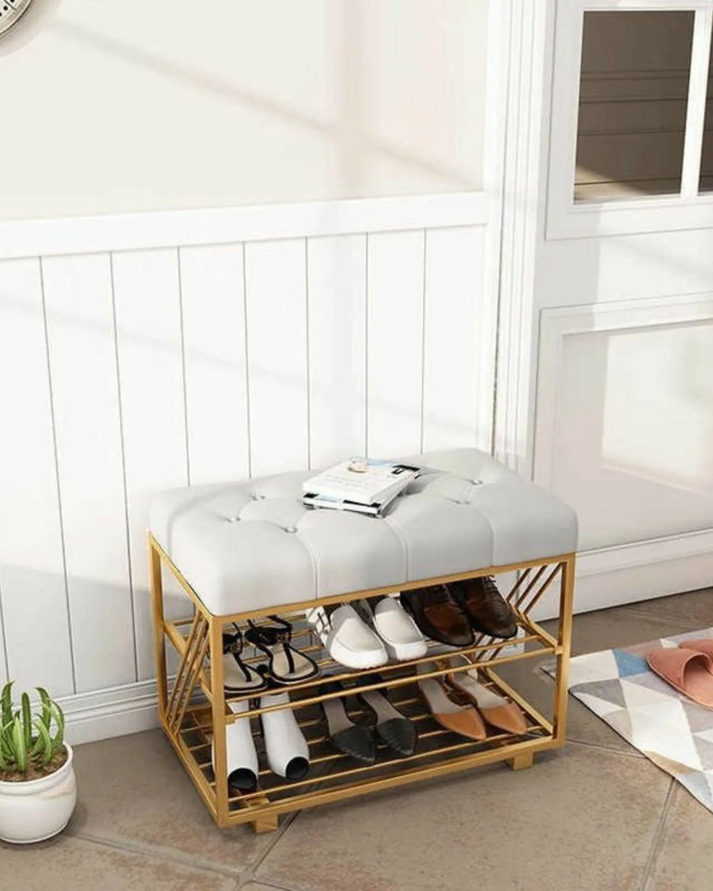 Morden Solid Metal Rectangular Shoe Rack in Golden Finish.