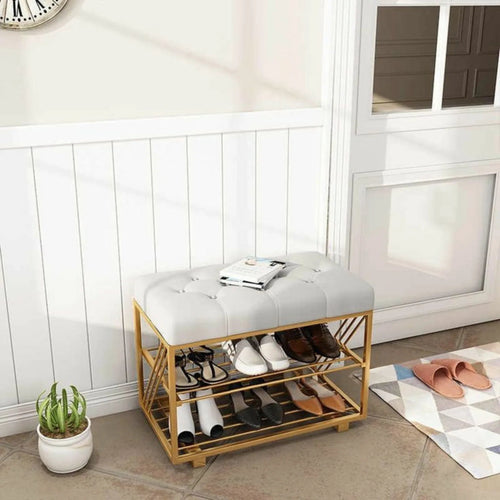 Morden Solid Metal Rectangular Shoe Rack in Golden Finish.