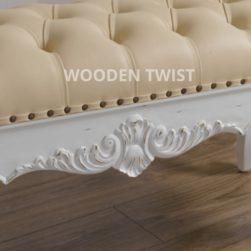 Bloomart Fiona Crystal Button Tufted Teak Wood 2 Seater Bench for Elegant Living Room (Antique White)