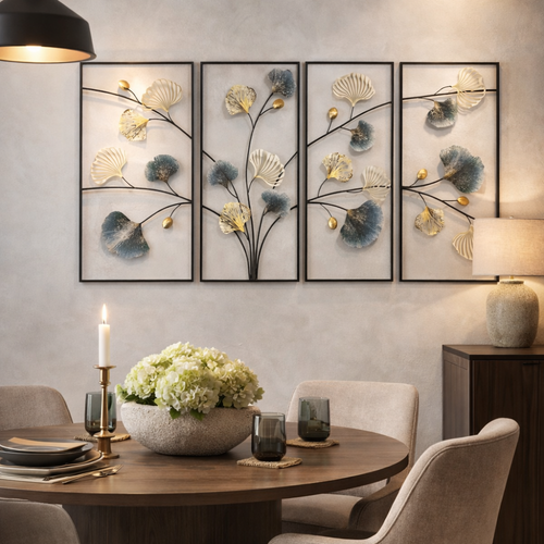 Unique Golden & Grey Ginkgo Leaf Metal Wall Art with Black Rectangular Frame