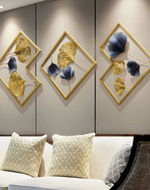 Stylish Golden & Blue Floral Metal Wall Art with Golden Frame ( Set Of 3 )