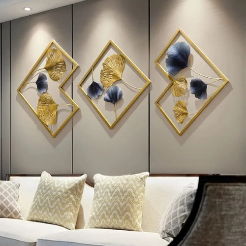 Stylish Golden & Blue Floral Metal Wall Art with Golden Frame ( Set Of 3 )