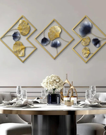 Stylish Golden & Blue Floral Metal Wall Art with Golden Frame ( Set Of 3 )