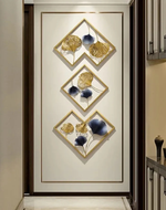 Stylish Golden & Blue Floral Metal Wall Art with Golden Frame ( Set Of 3 )