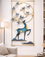 Luxury Golden & Blue Deer Floral Metal Wall Art with Golden Frame