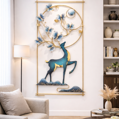 Luxury Golden & Blue Deer Floral Metal Wall Art with Golden Frame