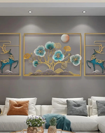 Luxury Abstract Floral with Golden & Blue Deer Design Wall Art