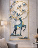 Luxury Golden & Blue Deer Floral Metal Wall Art with Golden Frame