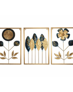 Luxury Golden & Blue Floral Wall Art Set of 3 with Golden Frame