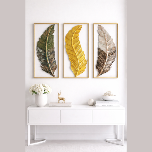 Luxury Metallic Leaf ( Set Of 3 )  Wall Art Modern Home Wall Décor ( Golden & Green )