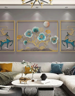 Luxury Abstract Floral with Golden & Blue Deer Design Wall Art
