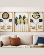 Luxury Golden & Blue Floral Wall Art Set of 3 with Golden Frame