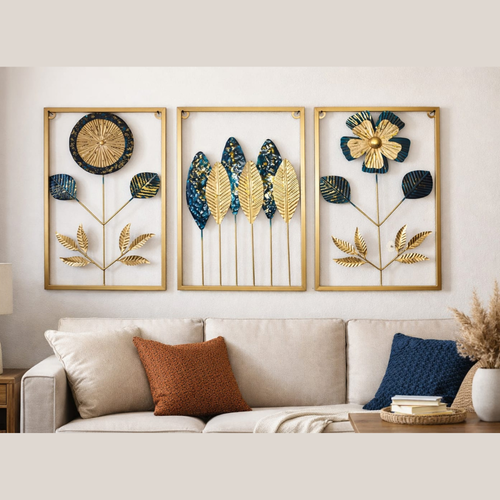 Luxury Golden & Blue Floral Wall Art Set of 3 with Golden Frame