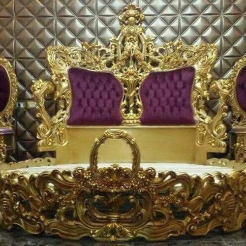 Wooden King Size Round Luxury Bed  (Teak Wood, Golden)