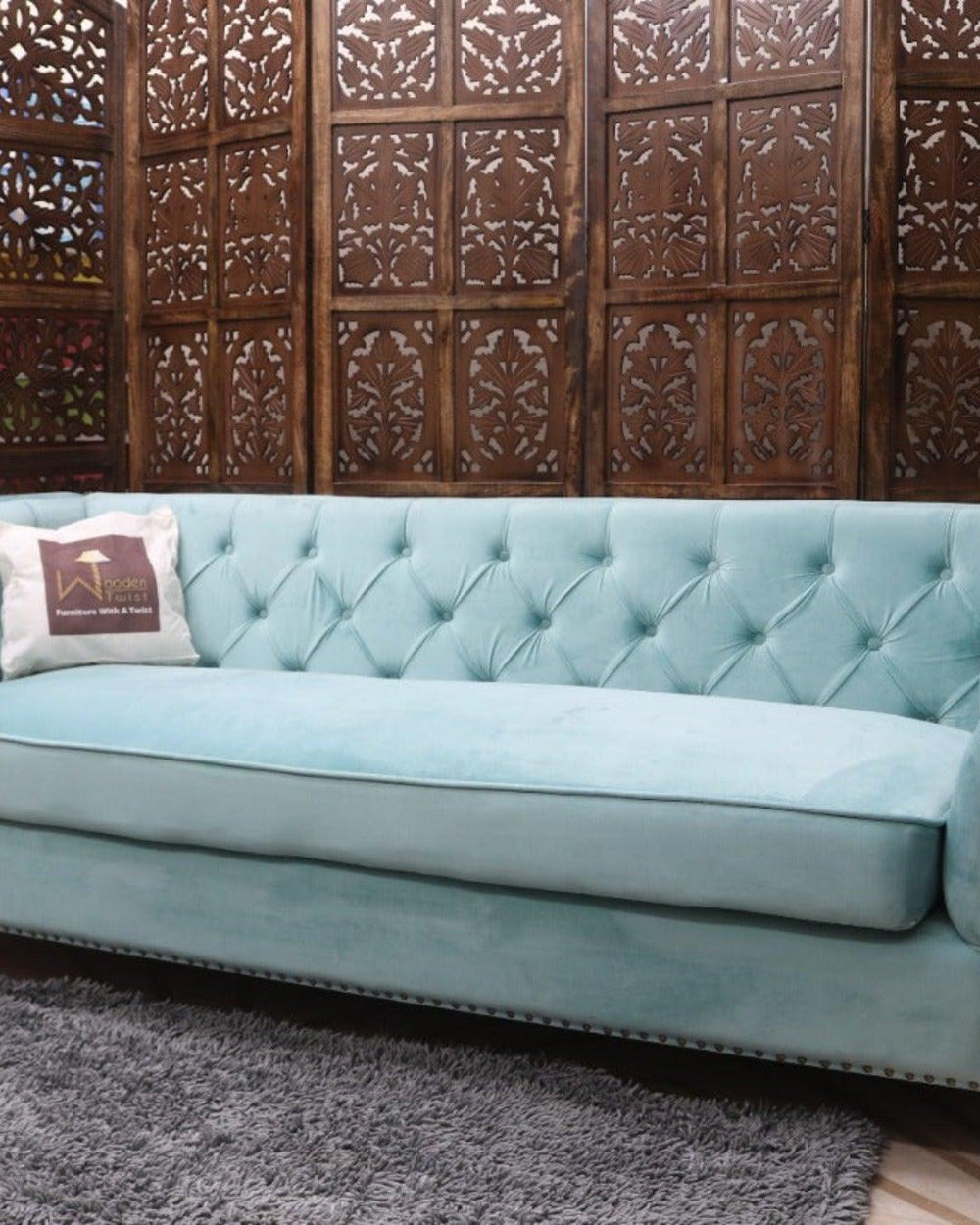 Designer Velvet Rolled Arm Chesterfield Sofa (3 Seater Sky Blue)