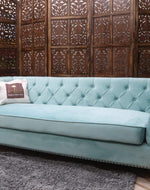 Designer Velvet Rolled Arm Chesterfield Sofa (3 Seater Sky Blue)