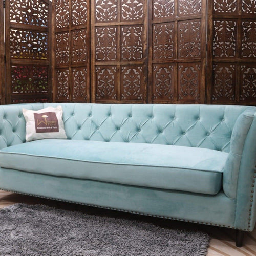 Designer Velvet Rolled Arm Chesterfield Sofa (3 Seater Sky Blue)