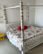 Wooden Handicraft Carved Mango Wood Poster Bed Queen Size (Antique White Finish)