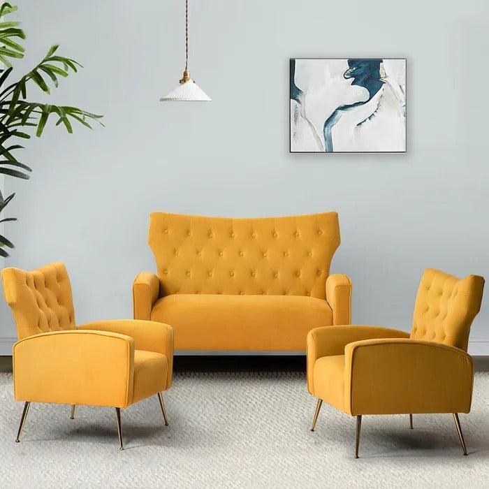 Wooden Square Arm Loveseat Wing Back Chair Set 2+1+1 (Metal Legs) - Bloomart