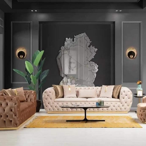 6 Seater Chesterfield Luxurious Velvet Sectional Sofa Set with Cushions (Beige & Brown) - Bloomart