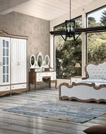 Antique White Royal Luxury Bed In Teak Wood With 2 Side Table 1 Dressing Table And 1 Wardrobe - WoodenTwist