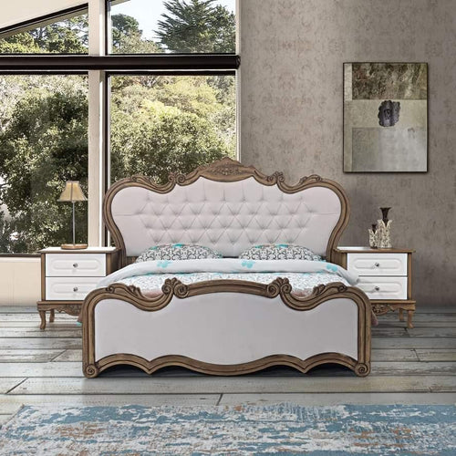 Antique White Royal Luxury Bed In Teak Wood With 2 Side Table 1 Dressing Table And 1 Wardrobe