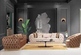 6 Seater Chesterfield Luxurious Velvet Sectional Sofa Set with Cushions (Beige & Brown)