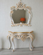 Wooden Twist Hand Carved Antique Look Solid Teak Wood Console Table With Mirror ( Golden Leaf ) - WoodenTwist