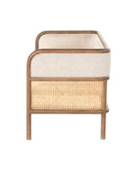 Bloomart Teak Wood Sofa with Curved Framing and Natural Cane Rattan Paneling - Plush Seating in Soft Fabric