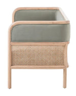 Bloomart Teak Wood Sofa with Curved Framing and Natural Cane Rattan Paneling - Plush Seating in Soft Fabric