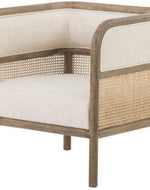 Bloomart Teak Wood Single Seater Sofa with Curved Framing and Natural Cane Rattan Paneling - Plush Seating in Soft Fabric (Cream)