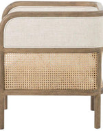 Bloomart Teak Wood Single Seater Sofa with Curved Framing and Natural Cane Rattan Paneling - Plush Seating in Soft Fabric (Cream)