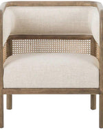 Bloomart Teak Wood Single Seater Sofa with Curved Framing and Natural Cane Rattan Paneling - Plush Seating in Soft Fabric (Cream)