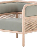 Bloomart Teak Wood Single Seater Sofa with Curved Framing and Natural Cane Rattan Paneling - Plush Seating in Soft Fabric (Grey)