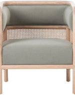 Bloomart Teak Wood Single Seater Sofa with Curved Framing and Natural Cane Rattan Paneling - Plush Seating in Soft Fabric (Grey)