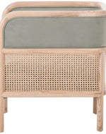 Bloomart Teak Wood Single Seater Sofa with Curved Framing and Natural Cane Rattan Paneling - Plush Seating in Soft Fabric (Grey)