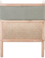 Bloomart Teak Wood Single Seater Sofa with Curved Framing and Natural Cane Rattan Paneling - Plush Seating in Soft Fabric (Grey)