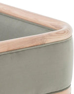 Bloomart Teak Wood Single Seater Sofa with Curved Framing and Natural Cane Rattan Paneling - Plush Seating in Soft Fabric (Grey)