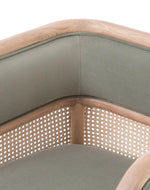 Bloomart Teak Wood Single Seater Sofa with Curved Framing and Natural Cane Rattan Paneling - Plush Seating in Soft Fabric (Grey)