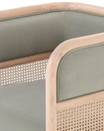 Bloomart Teak Wood Single Seater Sofa with Curved Framing and Natural Cane Rattan Paneling - Plush Seating in Soft Fabric (Grey)