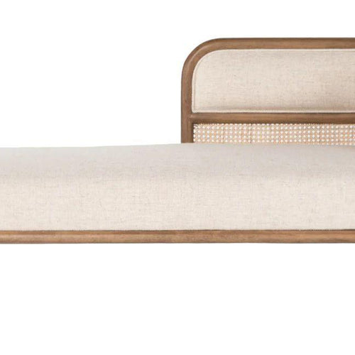 Bloomart Teak Wood Chaise Lounge with Curved Framing and Natural Cane Rattan Paneling - Plush Seating in Soft Fabric