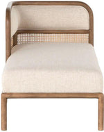 Bloomart Teak Wood Chaise Lounge with Curved Framing and Natural Cane Rattan Paneling - Plush Seating in Soft Fabric