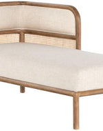 Bloomart Teak Wood Chaise Lounge with Curved Framing and Natural Cane Rattan Paneling - Plush Seating in Soft Fabric