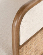 Bloomart Teak Wood Chaise Lounge with Curved Framing and Natural Cane Rattan Paneling - Plush Seating in Soft Fabric