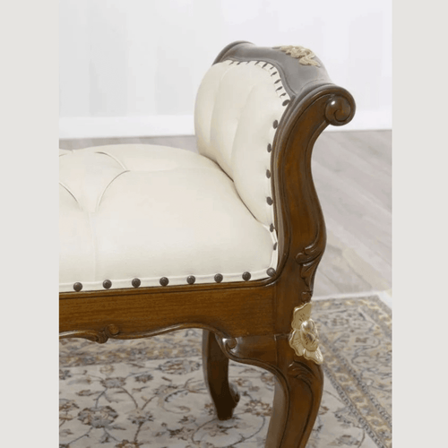 Bloomart Carissa Baroque Style Gold Leaf Button Tufted Teak Wood Bench with PU Leather