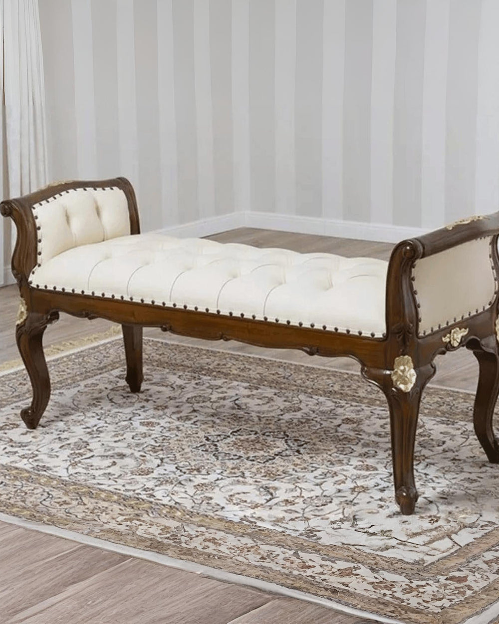 Bloomart Carissa Baroque Style Gold Leaf Button Tufted Teak Wood Bench with PU Leather