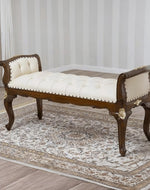 Bloomart Carissa Baroque Style Gold Leaf Button Tufted Teak Wood Bench with PU Leather
