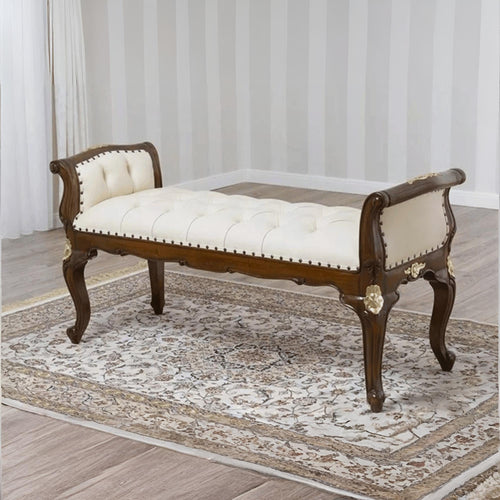 Bloomart Carissa Baroque Style Gold Leaf Button Tufted Teak Wood Bench with PU Leather