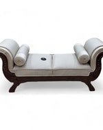 Bloomart Magnifica Hand Carved Teak Wood Soft Upholstery 2 Seater Bench With Two Roll Cushion